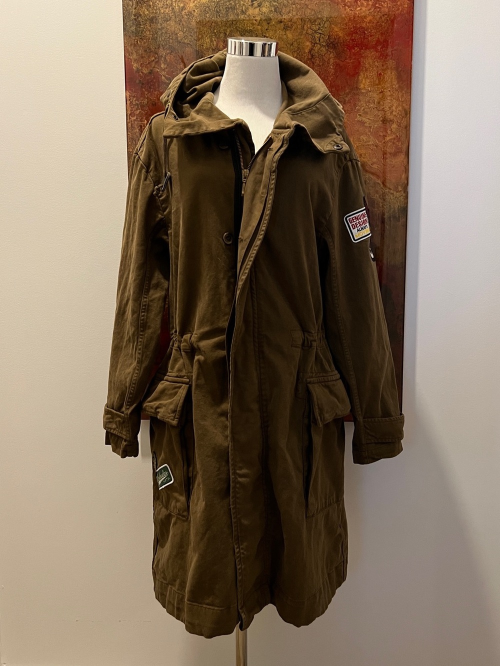 Zara Women Coat Small Green Military Utility Anorak Hood Grunge Rock Patch Long